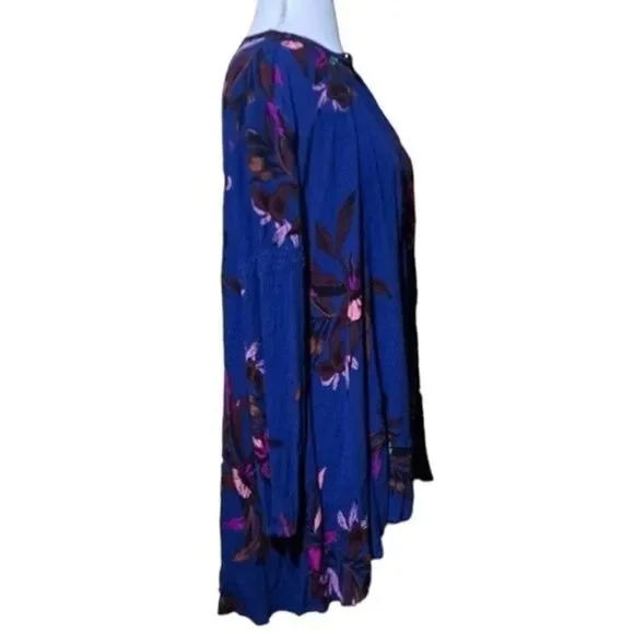 Free People Dress Women XS Tree Swing Blue Tunic Floral Keyhole Boho Long Sleeve - Picture 3 of 9